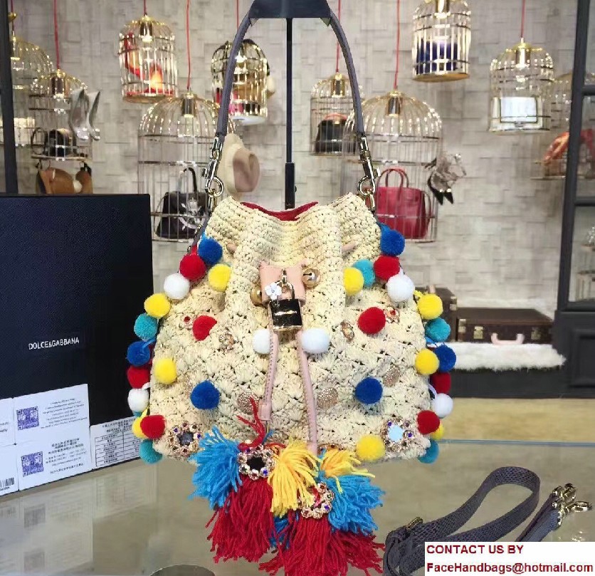 Dolce & Gabbana Claudia Pompoms Woven Raffia Bucket Bag Beige/Multicolor 2017 - Click Image to Close